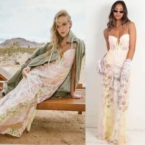 NEW For Love and Lemons Blossom Maxi Festival Dress In Ombré Sunset Size S